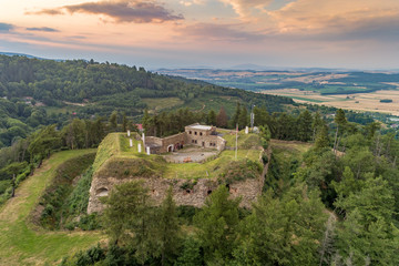 Fototapeta na wymiar Srebrna Góra fortress with beautiful panorama of Sudety mountains aerial view