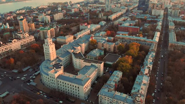 Aerial panoramic view of midtown of Voronezh city at sunset, Russia. Famous buildings and urban architecture with roads and car traffic