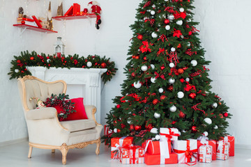 Interior room decorated in Christmas style. No people. Home comfort of modern house. Xmas tree and fireplace