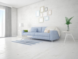 Mock up modern living room with compact comfortable sofa and cool hipster backdrop.