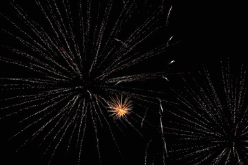 Obraz premium Fireworks in the night sky. Texture salute. Abstract photo of flares on a black background. Photos of lights salute in the sky. Image of salute flashes. Texture of colored lights.
