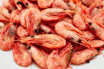 Shrimp. Shrimps lie on a plate. Boiled ready-to-eat shrimp. A large dish of small shrimps.