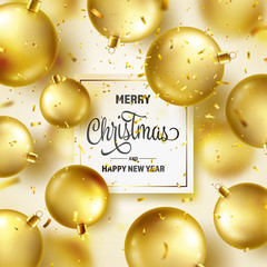 Christmas Background With Tree Balls, Ribbon And Confetti. Golden Ball. New Year. Winter holidays. Season Sale Decoration. Gold Xmas Gift.