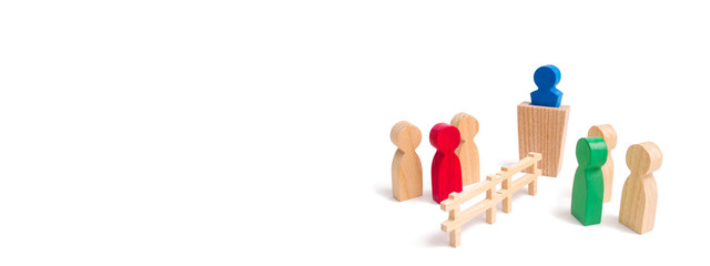 A wooden fence divides the two groups discussing the case. Termination and breakdown of relations, breaking ties. Contract break, conflict of interests. Negotiations of businessmen. banner