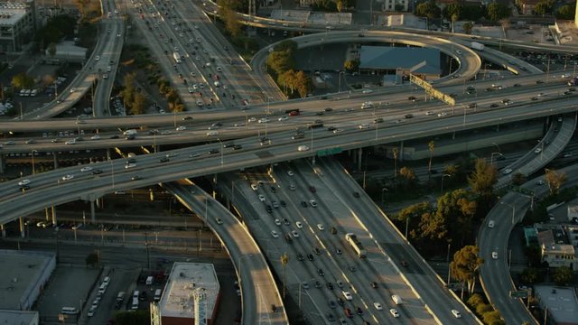 Aerial view of transport on busy freeways of Los Angeles California