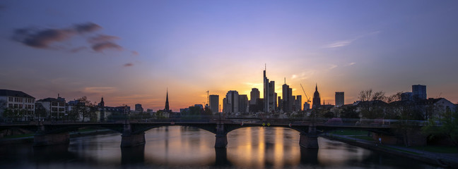 The skyline of the banking metropolis in Frankfurt am Main during a beautiful sunset. Concept: travel or landscapes