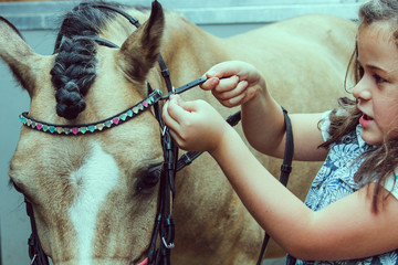 A nice girl takes care of the horse in the stable, removes the bridle from it before the rest. Retro-style. The girl is trying very hard, she has to make an effort
