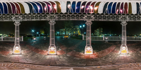 Night full seamless panorama 360 degrees inside metal gazebo on high bank overlooking the city. 360 panorama in equirectangular spherical equidistant projection