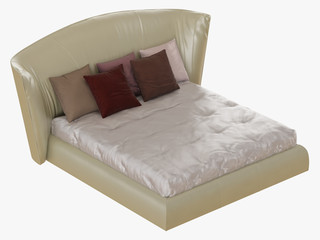 Large beige bed with a soft back and colored pillows side view 3D rendering