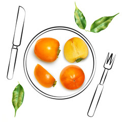 Fruit composition with fresh persimmon and cartoon cute doodle drawing elements on white background. Creative minimalistic food concept.
