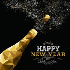Happy new year 2019 champagne bottle low poly gold © Cienpies Design