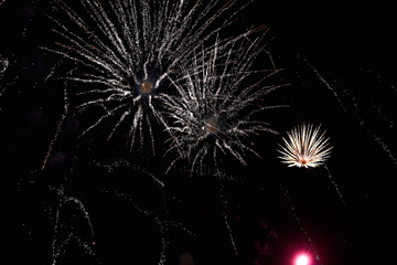 Obraz premium Fireworks in the night sky. Texture salute. Abstract photo of flares on a black background. Photos of lights salute in the sky. Image of salute flashes. Texture of colored lights.