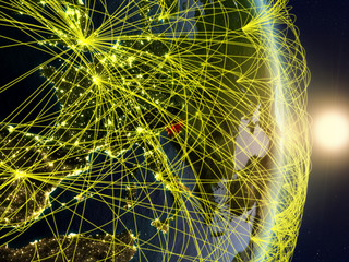 Slovenia in sunrise on planet planet Earth with network. Concept of connectivity, travel and communication.