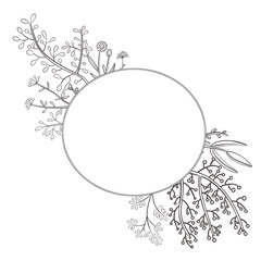 Decorative frame of hand-drawn twigs with leaves, berries and flowers. Vector graphics. 