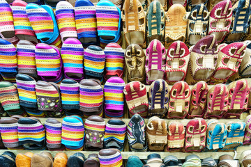 Marrakesh, Morocco, 14th October 2017. Display of brightly coloured slippers.