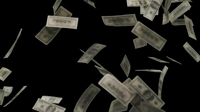 Real slow motion shoot of falling banknotes of DOLLARS. Isolated on green with alpha.