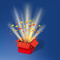 Open Red Gift Box and Colour Confetti. Bright Rays. Vector Illustration. Isolated, Template Baner, Poster