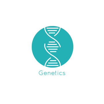 DNA vector icon in a circle with genetics text and medical theme blue color.