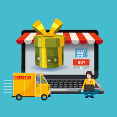 Laptop, noteebok with green gift box. Delivery track, People ordering a gift Online shopping concept. Sale, e-commerce, retailing, discount theme. Creative flyer, poster template. Baner, poster