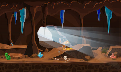 Treasure cave with chest gold coins, gems, crystals. Concept, art for computer game. Background image to use games, apps, banners, graphics. Vector cartoon illustration