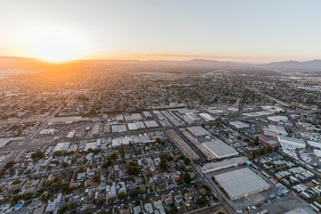 Sunset aerial view towards Lankershim Blvd in the Sun Valley neighborhood of the Fernando Valley in...
