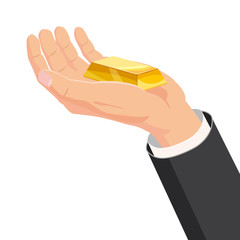 The hand that holds the bar gold, gift. Cartoon style. The concept of delivery, victory, Christmas holiday, birthday, engagement, wedding. Vector, illustration, isolated