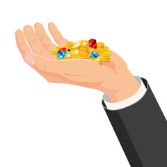 The hand that holds the treasure, gems, diamonds, bar gold, gift. Cartoon style. The concept of delivery, victory, Christmas holiday, birthday, engagement, wedding. Vector, illustration, isolated