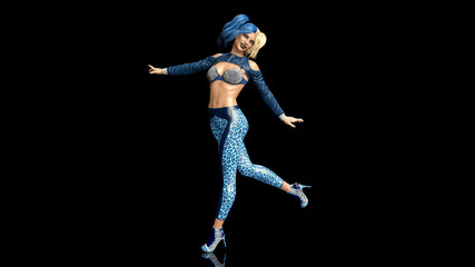 Fototapeta na wymiar Fashionable blonde girl with pigtails smiling, cheerful beautiful woman in yoga pants posing on black background, 3D rendering