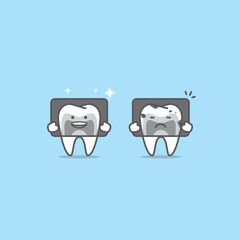 X-ray with Tooth characters compare good & bad condition illustration vector on blue background. Dental concept.