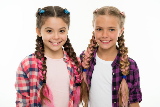 Sisters family look outfit. Dress similar with best friend. Dress to match your friend. Best friend dressing. Girls friends wear similar outfits have same hairstyle kanekalon braids white background