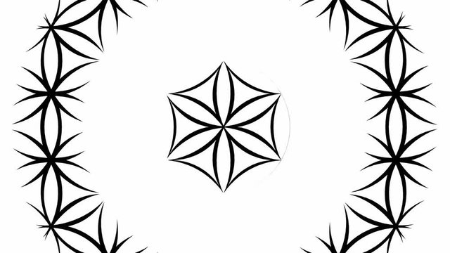 Abstract flower of life graphic slow motion black and white background pattern. Seamless loop
