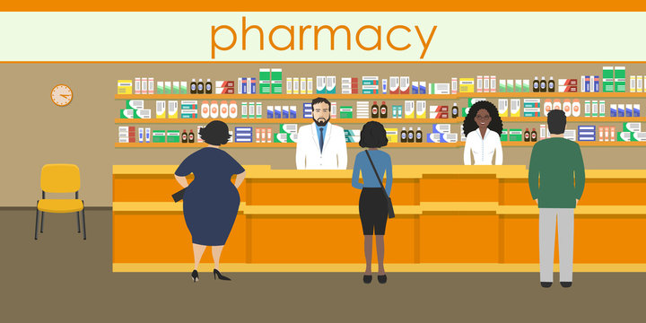 People in the pharmacy. Pharmacists man and woman stands near the shelves with medicines. In the orange hall there are visitors. Vector illustration.