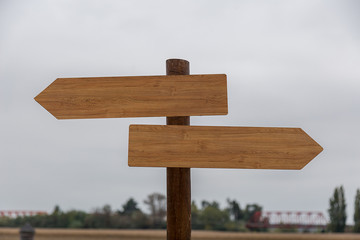 Two Empty Wooden Signs on a Pole Outside, Under a Pale Sky
