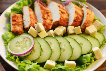 diet, healthy lifestyle, low calorie food, keto, proteins, low fat. Baked chicken breasts with vegetables and cheese