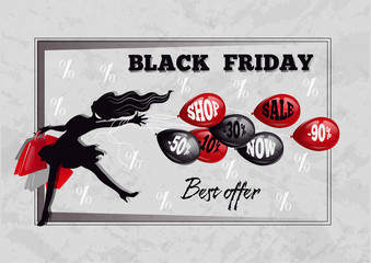 Poster for Black Friday. Black silhouette of a girl, she is pulled by balloons, discounts. Shopping packages. Gray background.