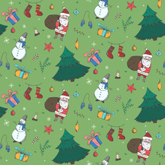Green seamless pattern with cute colorful Christmas doodle elements. Winter texture with firs, snowmen, giftbox, santa, stockings for textile, wrapping paper, wallpaper, new year decor