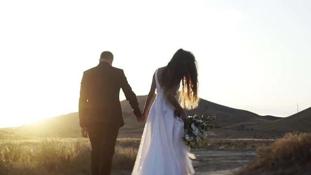 married couple walking through dry grass field.Following from the back Woman and man holding hands in sunset light at beautiful landscape background