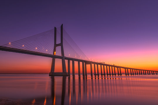 Vasco da Gama bridge at sunrise, Lisbon Portugal