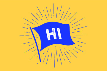 Flag Hi. Old school flag banner with text Hi, Hello, Hallo. Ribbon flag in vintage style with linear drawing light rays, sunburst and rays of sun. Hand drawn design element. Vector Illustration