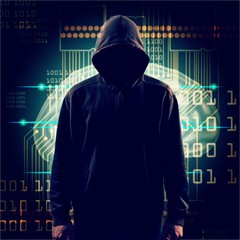 Cyber hacker in hoodie on icons background