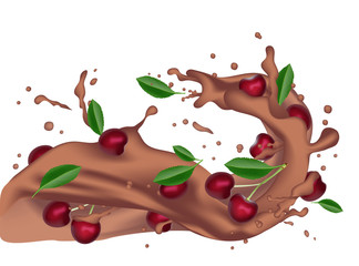 3d realistic twisted dark chocolate milk splash with drops and cherries. Isolated cocoa cherry yogurt caramel cream surfing wave on white background. Coffee Product package design.  illustration