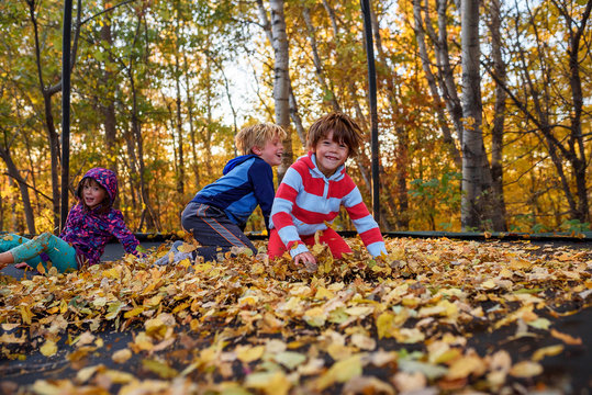 Three children playing on a trampoline covered in autumn leaves, United States