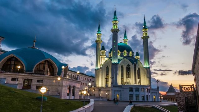 kul sharif mosque in kazan kremlin russia, timelapse, beautiful evening cityscape