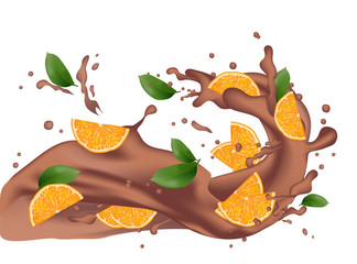 Chocolate splash with orange. Milk chocolate, cacao, coffee. 3d realistic orange slices ripe citrus isolated on white background for packaging or web design.  