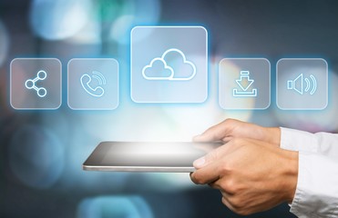 Businessman and tablet pc  with abstract business icon sketches