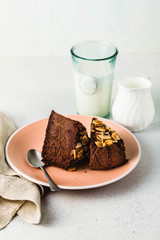 Gluten-free and vegan chocolate almond paleo cake on the table.
