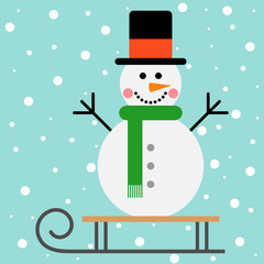 Vector illustration of a snowman on a sleigh on a snow background