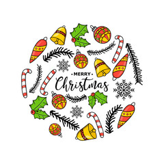 New Year. Christmas. Hand drawing. New Year decoration. Christmas tree 2019. Circle. Holiday mood. For printing on cards, print. For you design.