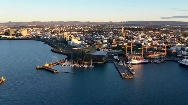 Reykjavik Iceland City at Sunset Aerial Hyperlapse