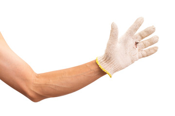 Man hand with cotton glove. isolated on white background